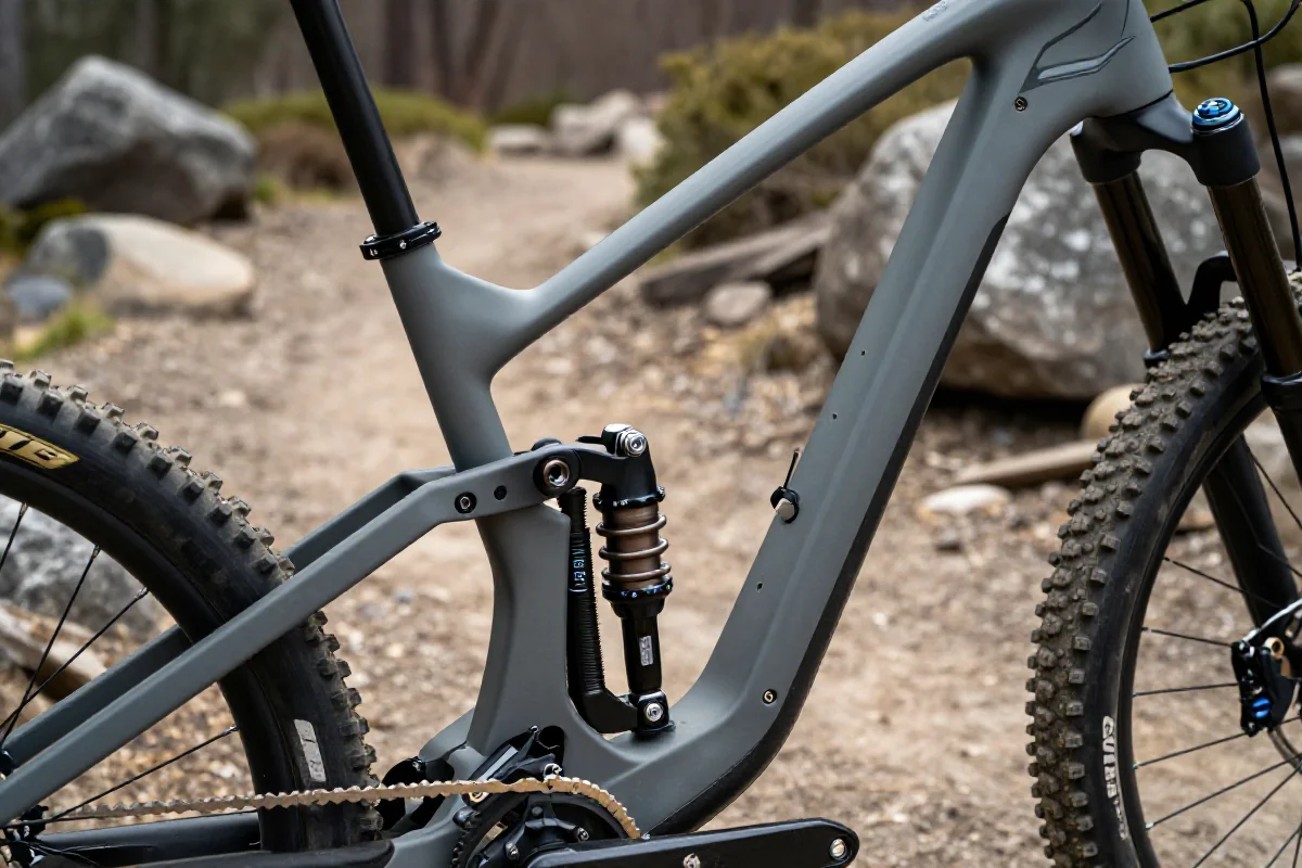 Nowoczesny rower górski z widoczną geometrią ramy i systemem zawieszenia.