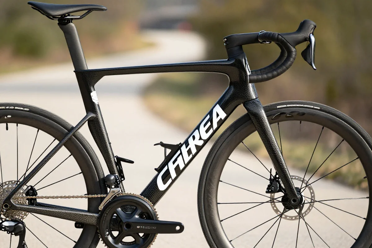 Szczegółowy widok na nowoczesny rower szosowy z włókna węglowego.