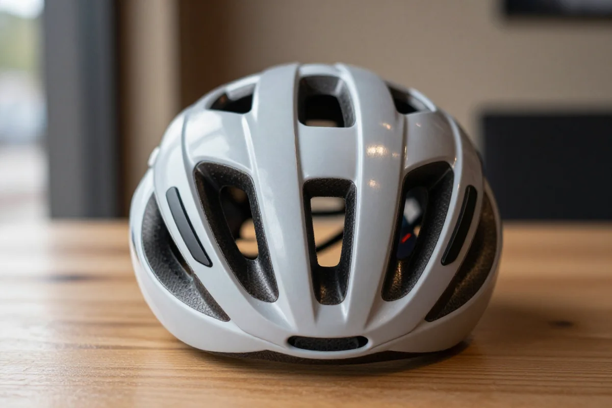 Kask rowerowy na stole, eksponujący cechy bezpieczeństwa i nowoczesny design.