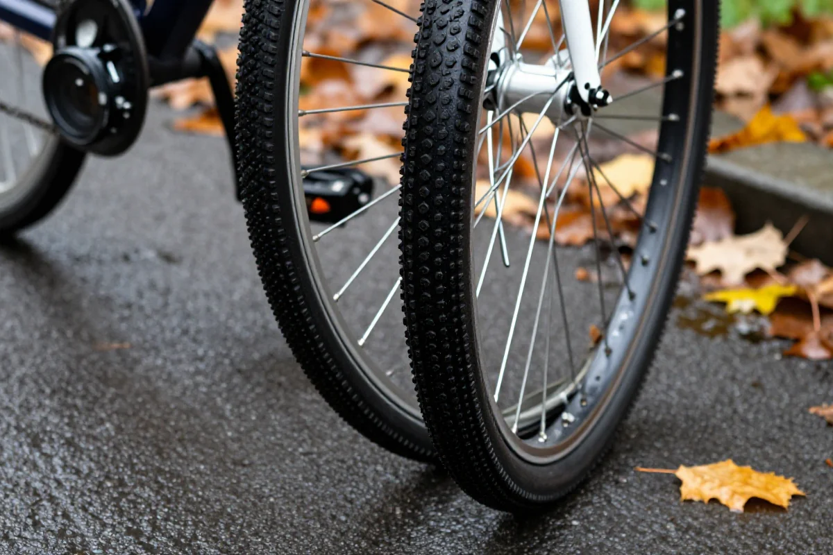 Widok na oponę roweru miejskiego na mokrej, jesiennej drodze.