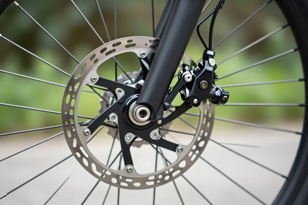 Szczegóły układu hamulcowego roweru miejskiego, w tym hamulec tarczowy.