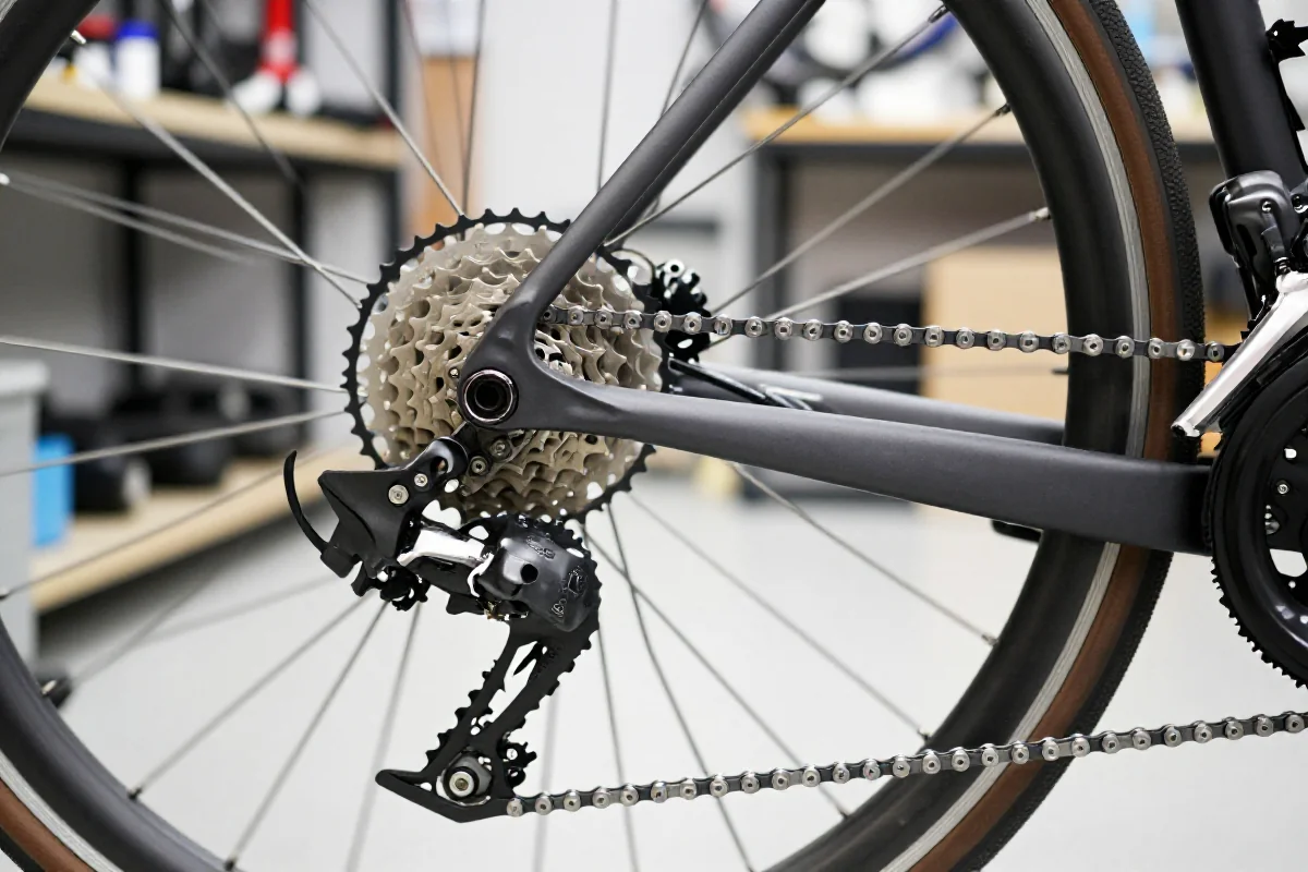 Szczegóły układu napędowego roweru miejskiego w warsztacie