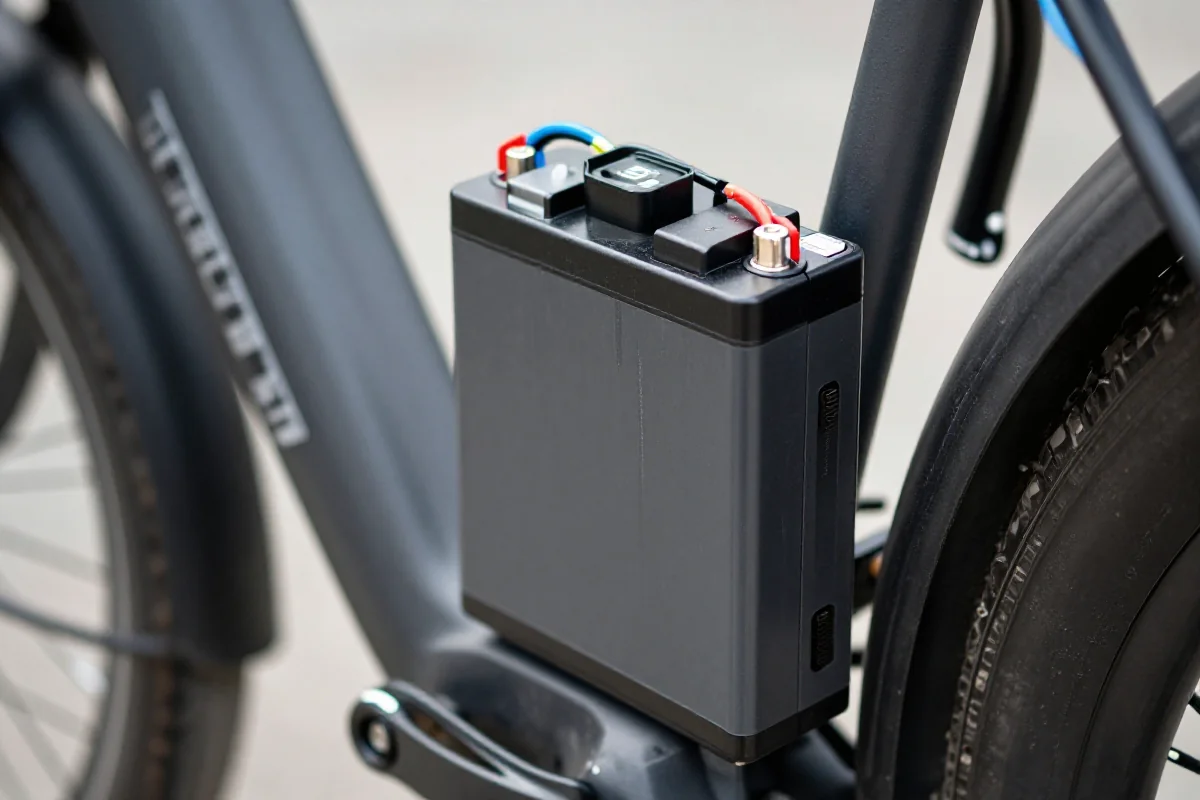 Akumulator litowo-jonowy w rowerze elektrycznym z widocznymi detalami.