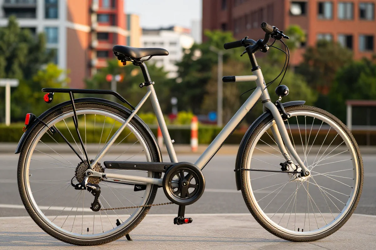 Rower miejski na tle miejskiego krajobrazu, idealny do eksploracji przestrzennej znajomości.