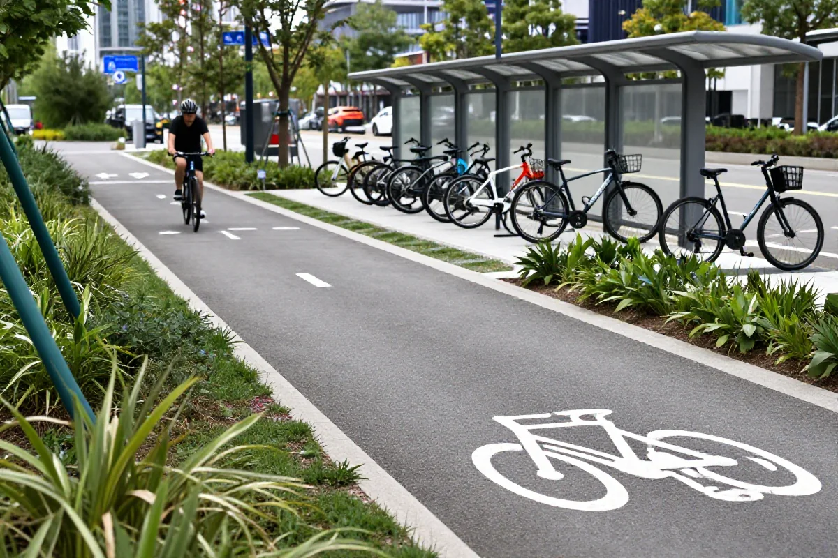 Nowoczesna infrastruktura rowerowa w mieście z zielonymi korytarzami i stacją rowerową.