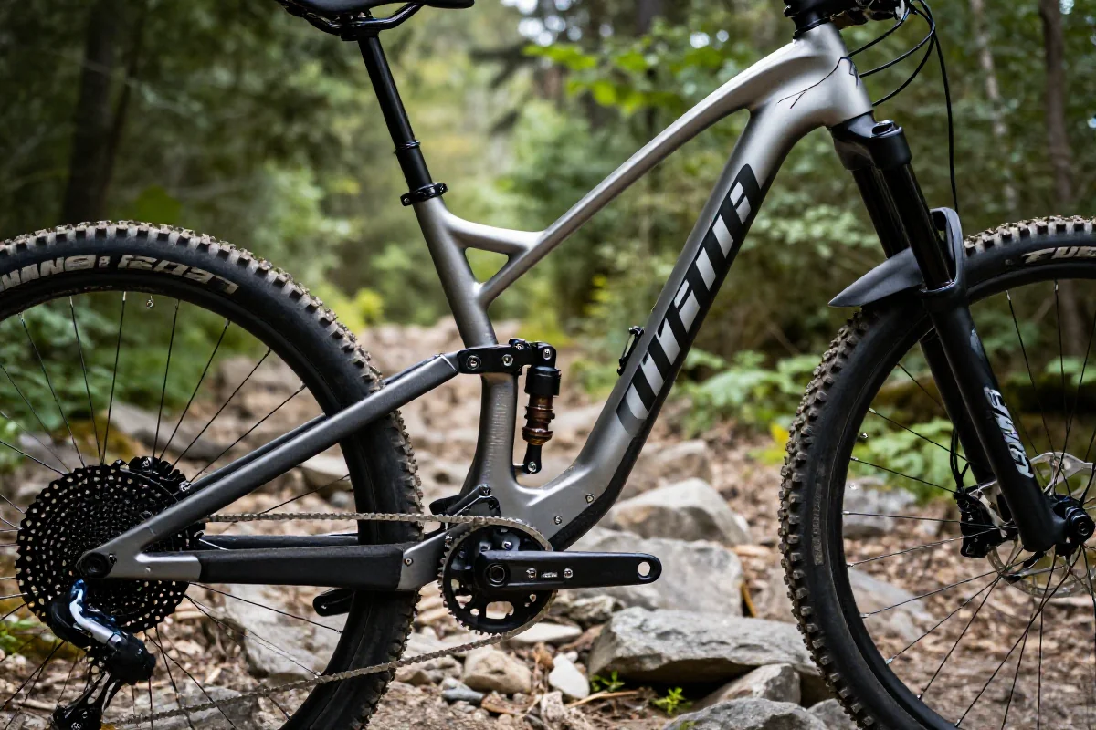 Rower górski na szlaku, ukazujący szczegóły ramy i elementów MTB.