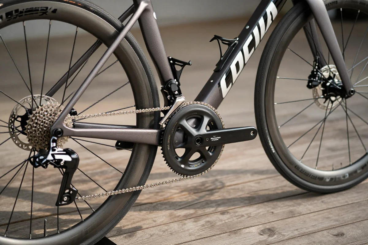 Szczegóły roweru szosowego z elementami technicznymi i ramą na drewnianym tle.