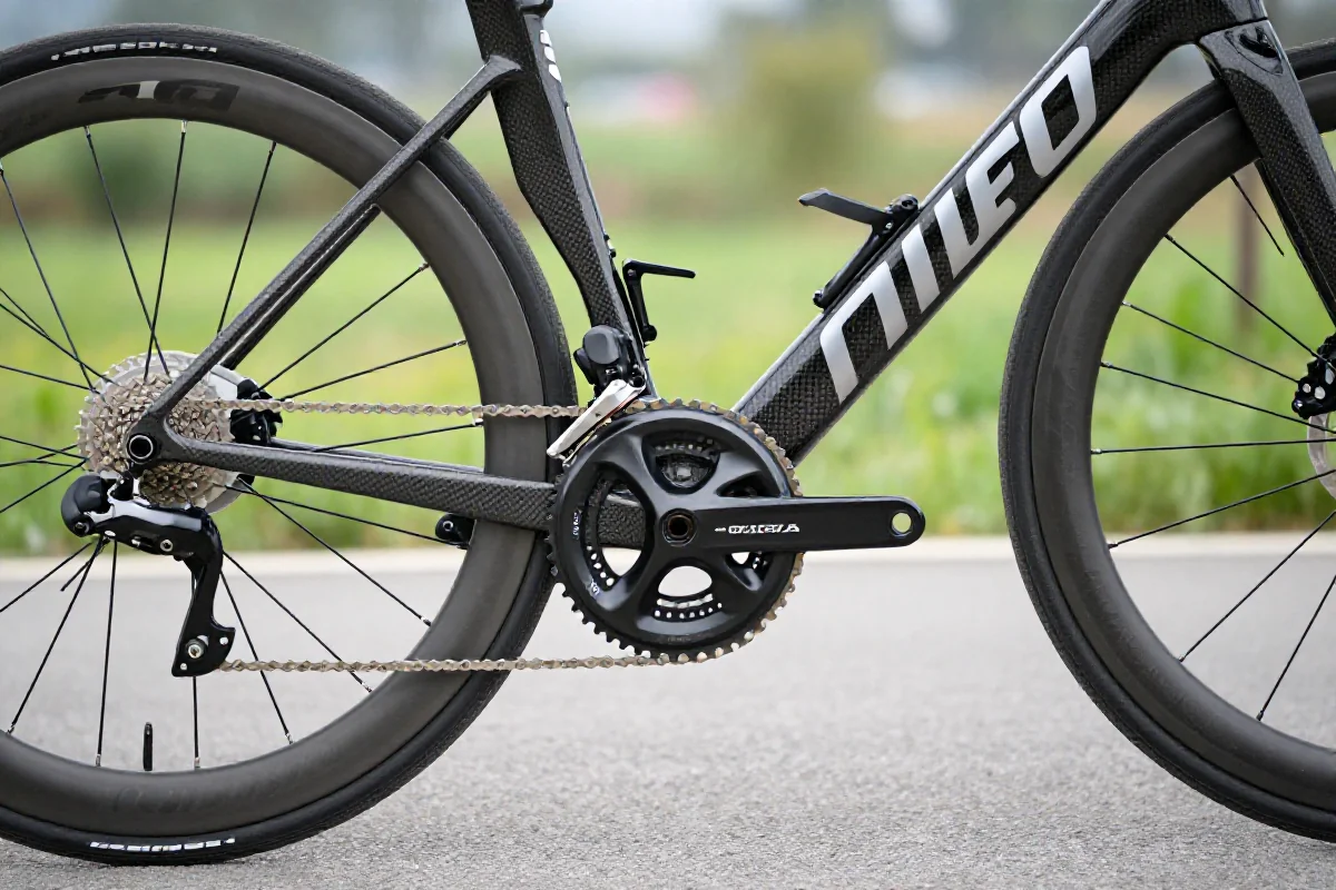 Szczegółowe zdjęcie ramy roweru szosowego i jego komponentów.