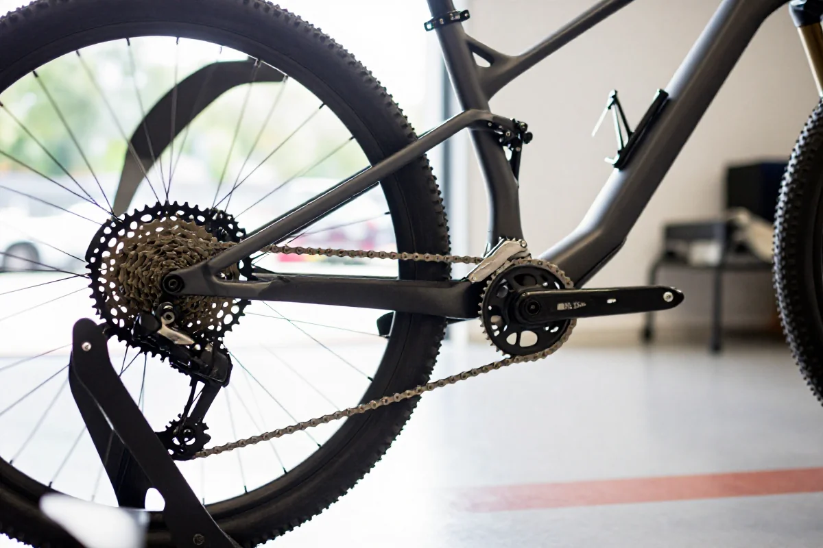 Rower górski w garażu, skupienie na napędzie 1x12 i konserwacji roweru.