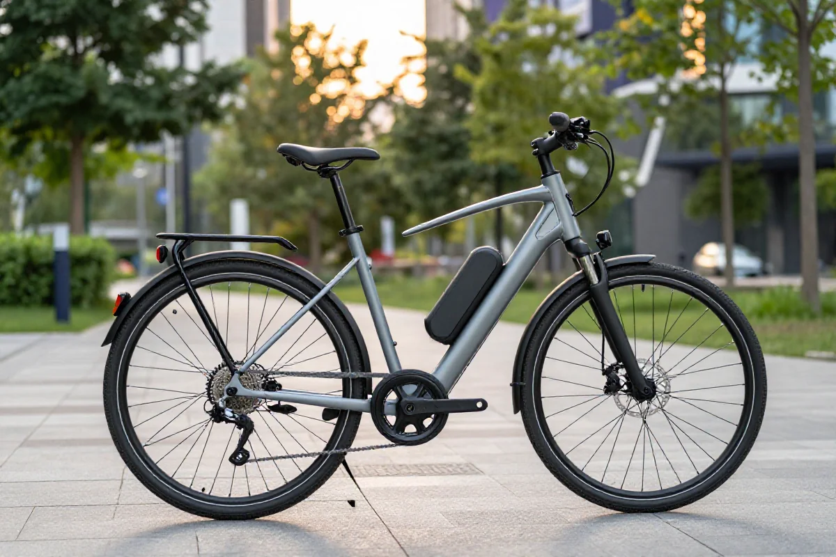 Nowoczesny rower elektryczny w miejskim otoczeniu, idealny do transportu i rekreacji.