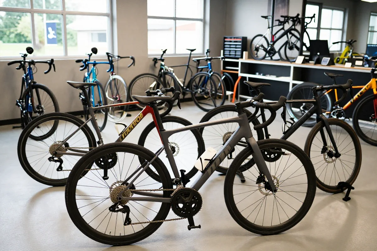 Wnętrze klubu kolarskiego z różnorodnymi rowerami i akcesoriami.