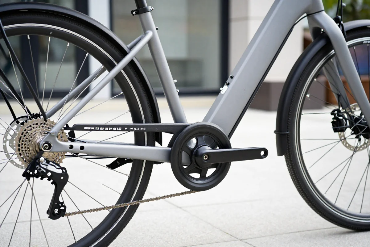S-pedelec elektryczny rower z wyraźnymi detalami technicznymi w miejskim otoczeniu.