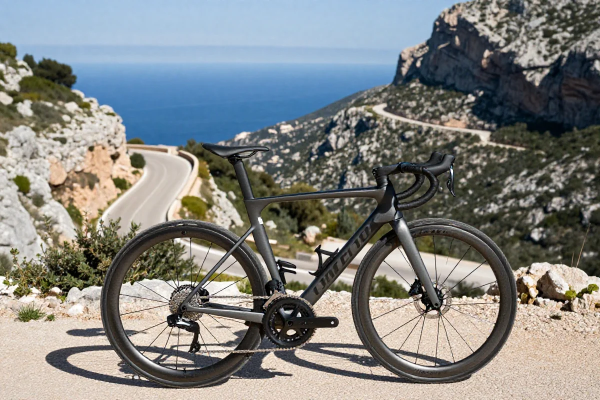 Rower szosowy z karbonową ramą na trasie Sa Calobra, Malorka.