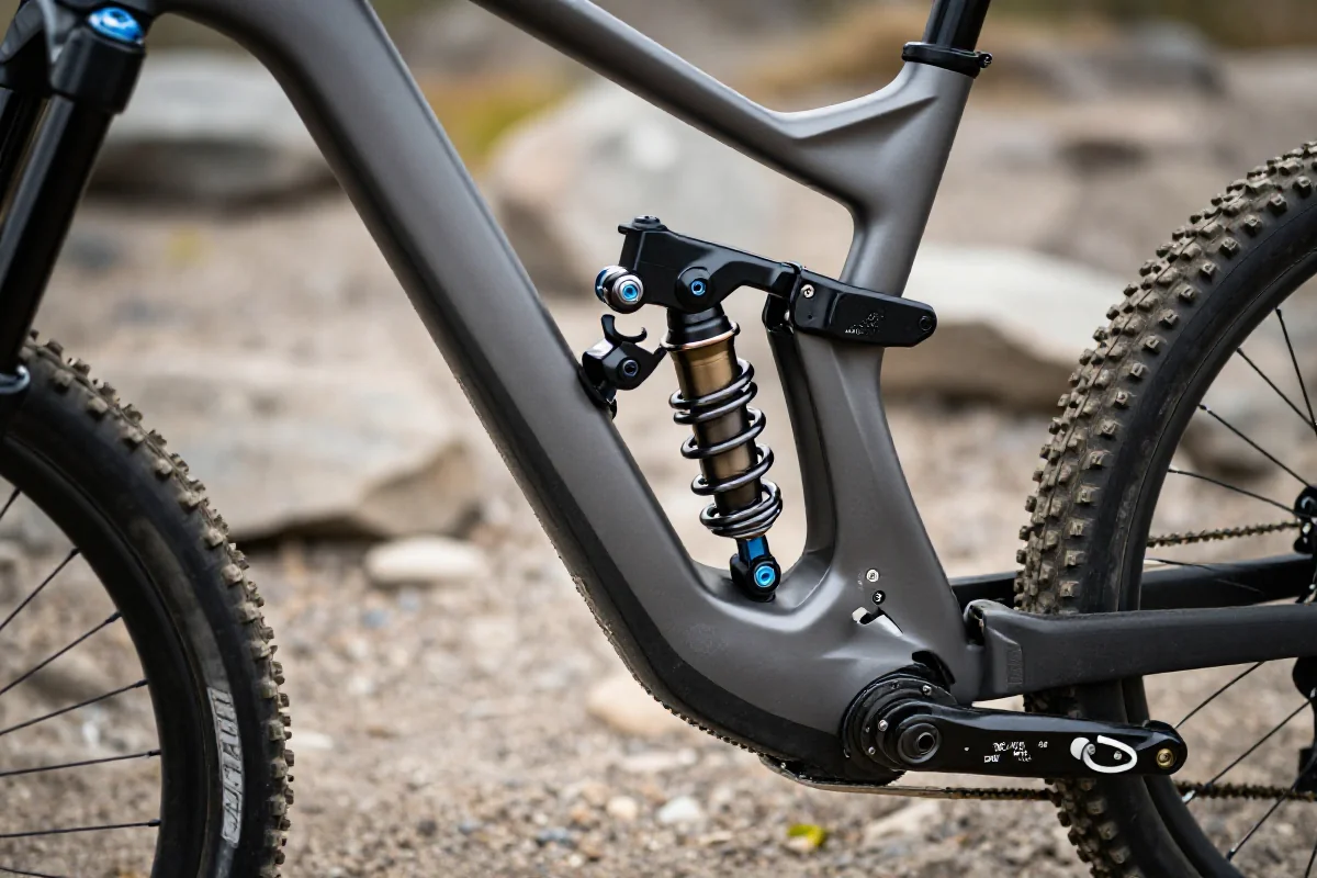 Zbliżenie na system zawieszenia roweru górskiego, z widocznymi komponentami.