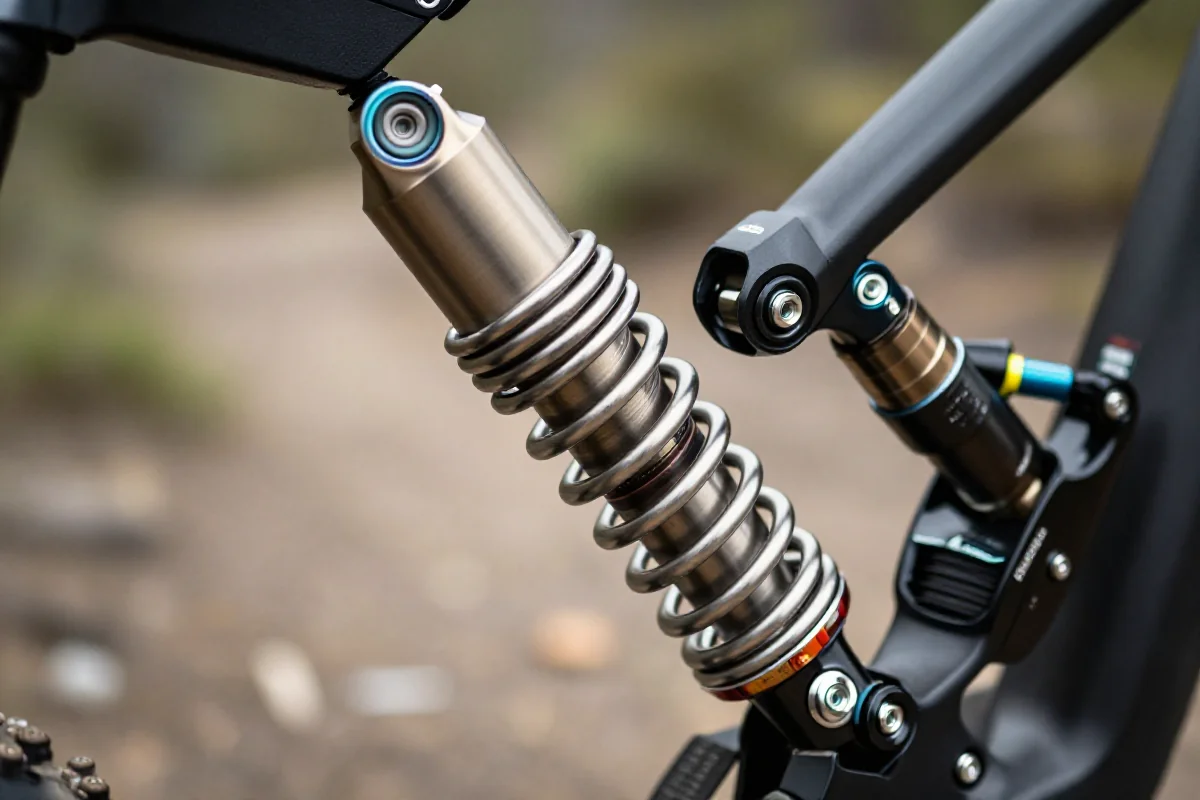 Amortyzator sprężynowy z bliska, idealny do rowerów górskich.