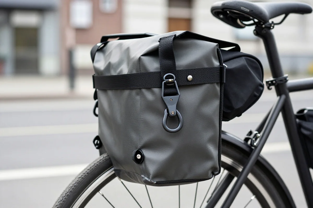 Sakwa rowerowa na bagażniku w miejskim otoczeniu, idealna do codziennej jazdy.