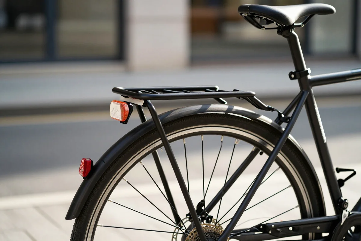 Tylny bagażnik rowerowy na miejskim rowerze, idealny do transportu bagażu.