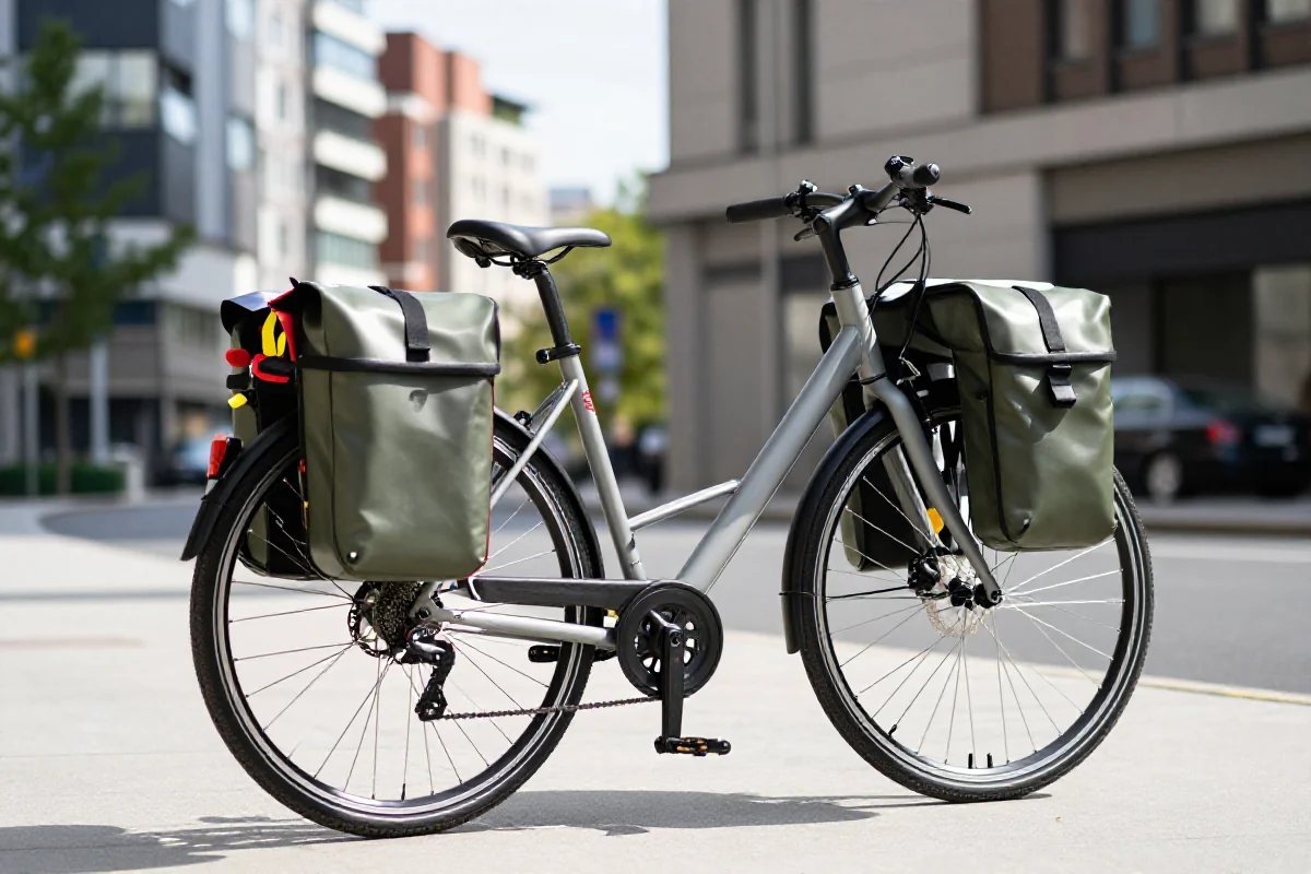 Współczesny rower miejski z pojemnymi sakwami na zakupy w miejskim otoczeniu.