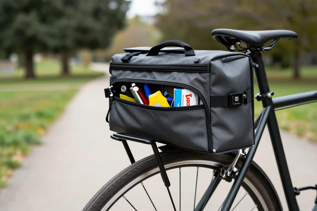 Sakwa przednia na bagażniku rowerowym, idealna do długodystansowych podróży.