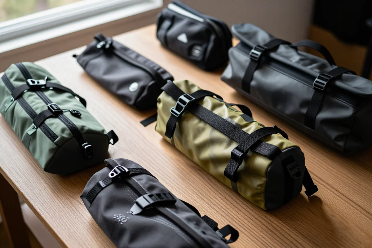 Sakwy i torby rowerowe na stole, różne modele i akcesoria.