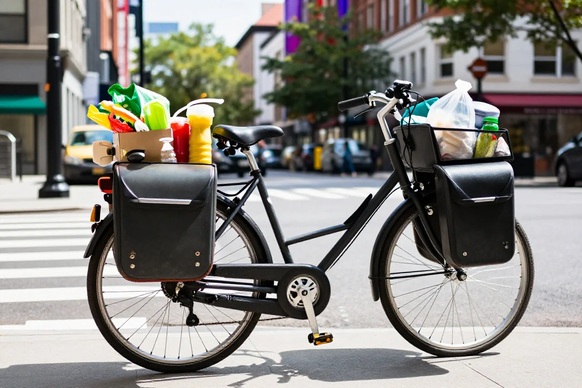 Rower z sakwami na zakupy w miejskim otoczeniu, idealny do transportu.