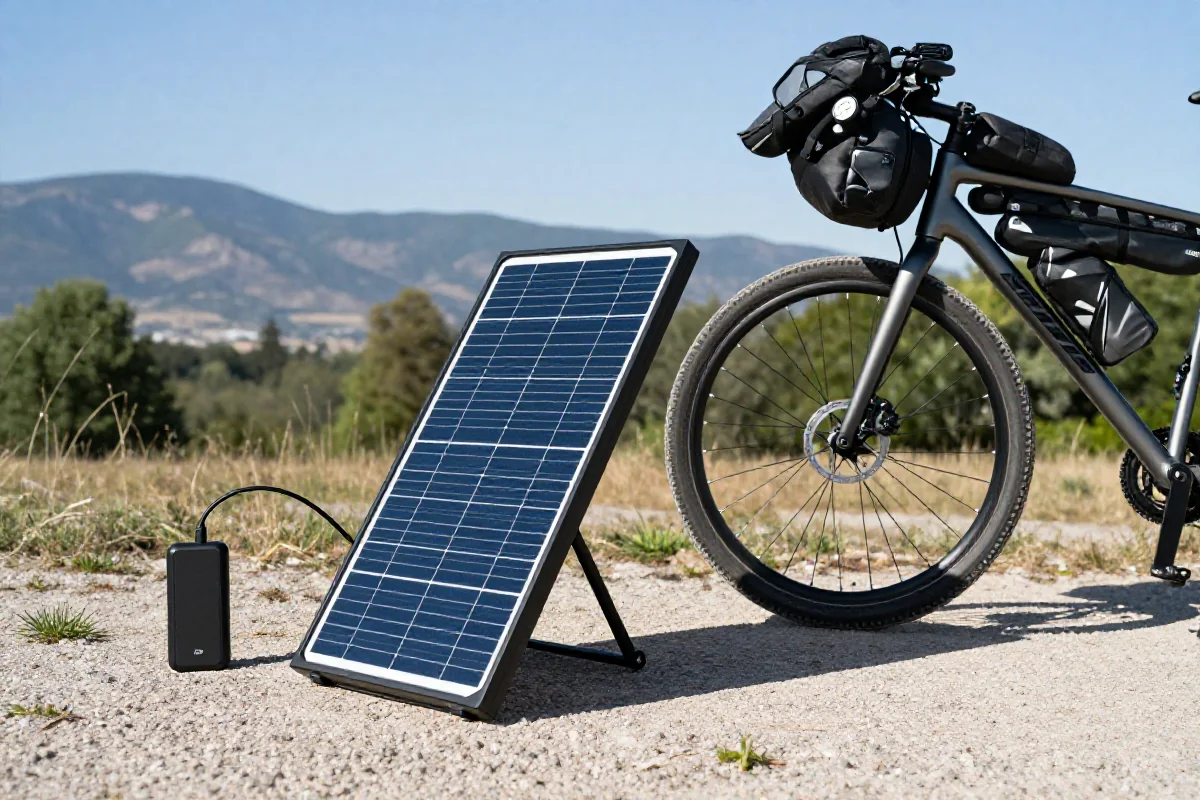 Przenośne panele solarne obok roweru w plenerze, idealne dla bikepackingu.