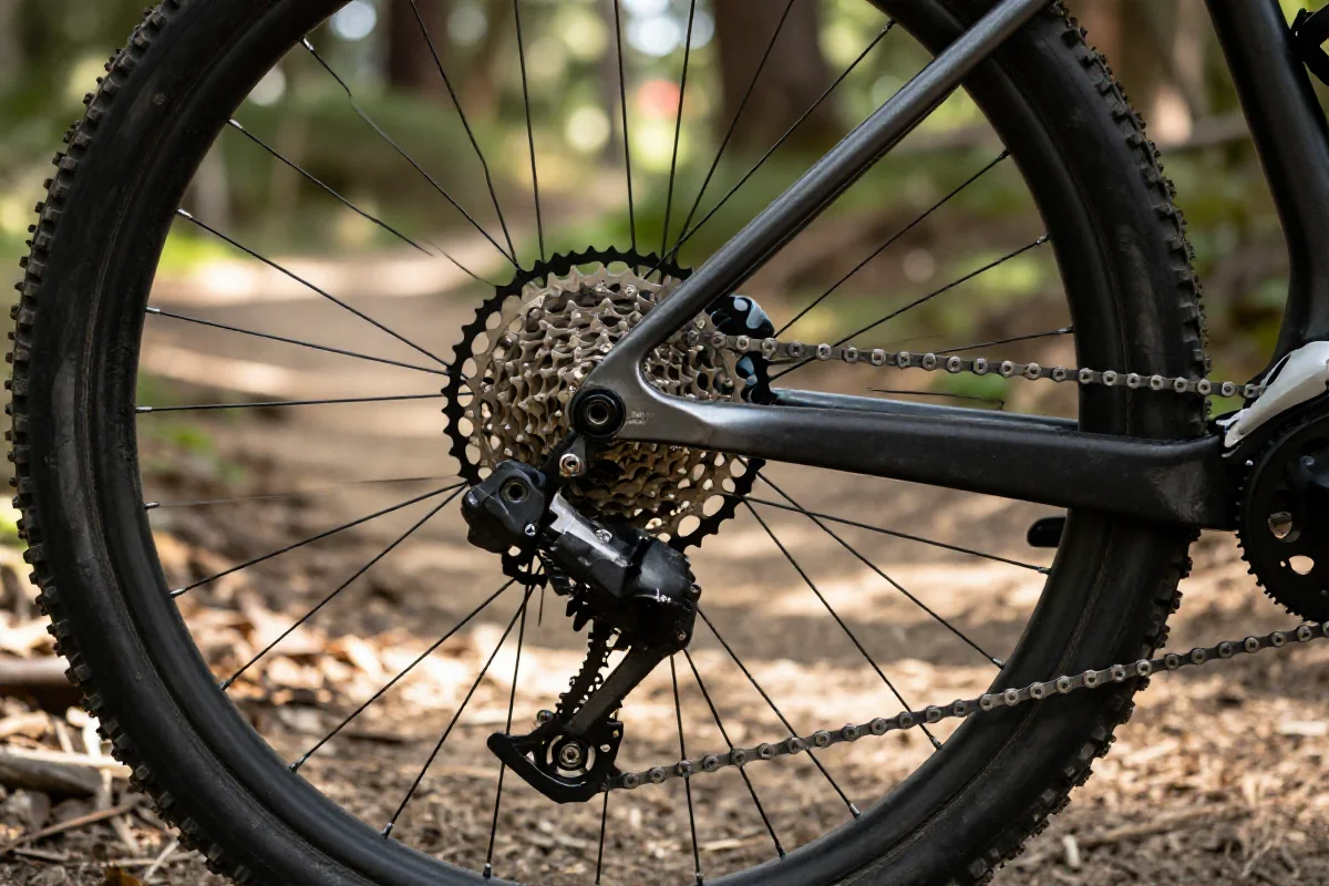 Zbliżenie na system przełożeń roweru górskiego na leśnej ścieżce