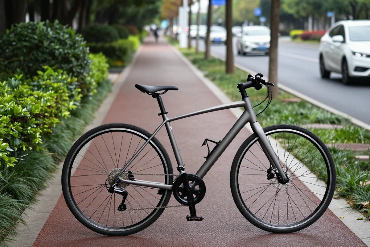 Ścieżka rowerowa w mieście z nowoczesnym rowerem, bezpieczeństwo użytkowników