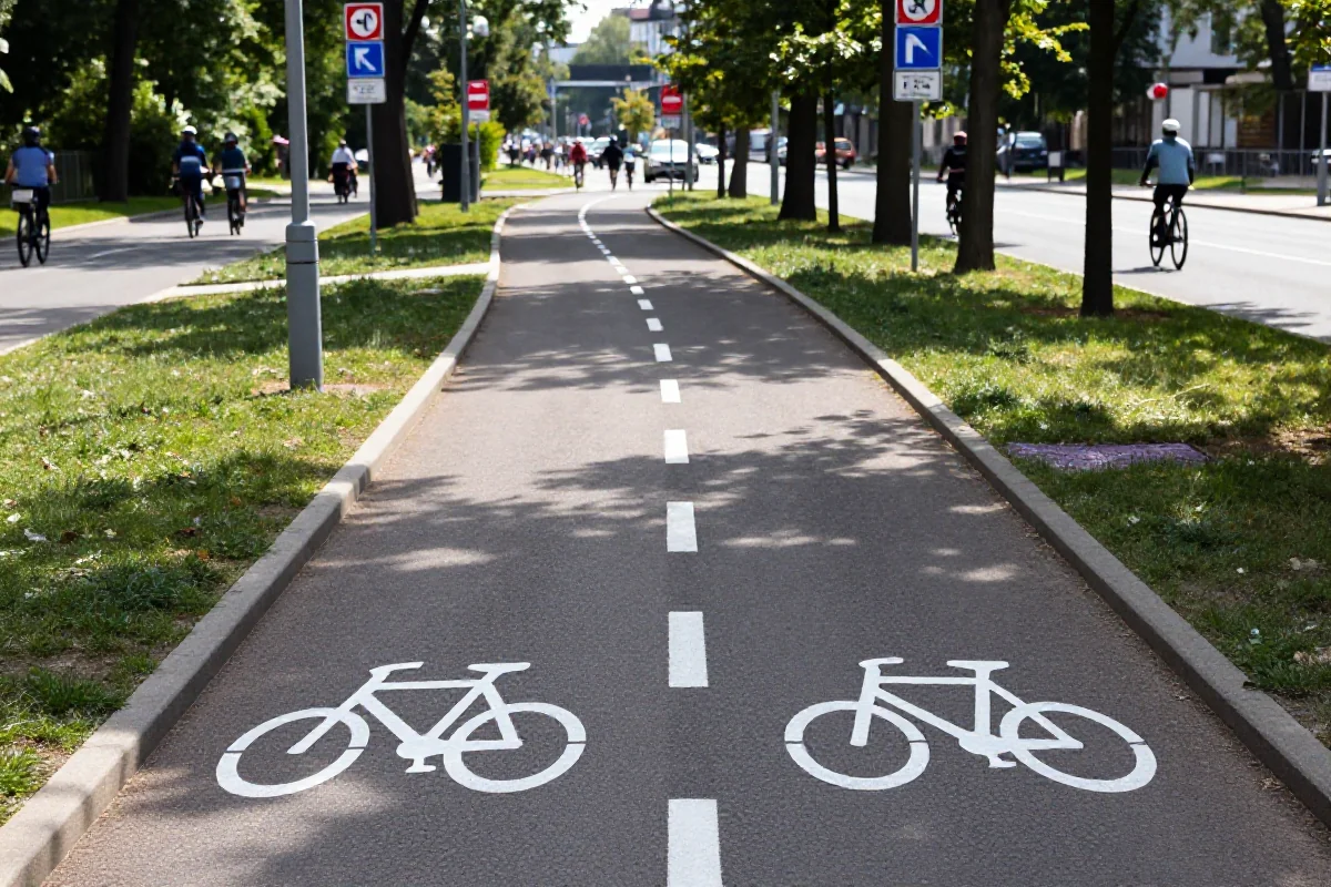 Nowoczesna ścieżka rowerowa w Warszawie z zielenią i oznaczeniami.