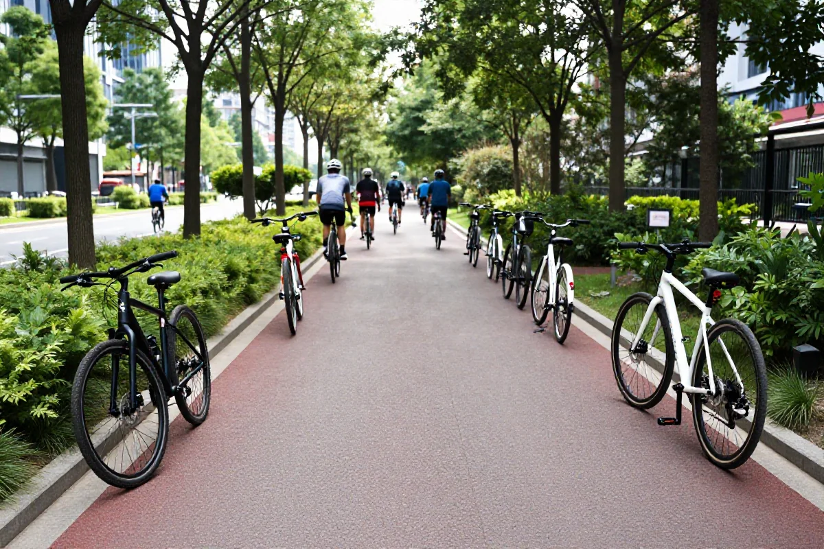 Zdjęcie infrastruktury rowerowej w miejskim parku, z rowerami i ścieżką rowerową.