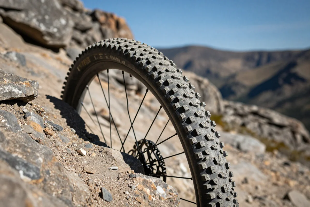 Opona roweru górskiego na kamienistym stoku, idealna do jazdy po scree.