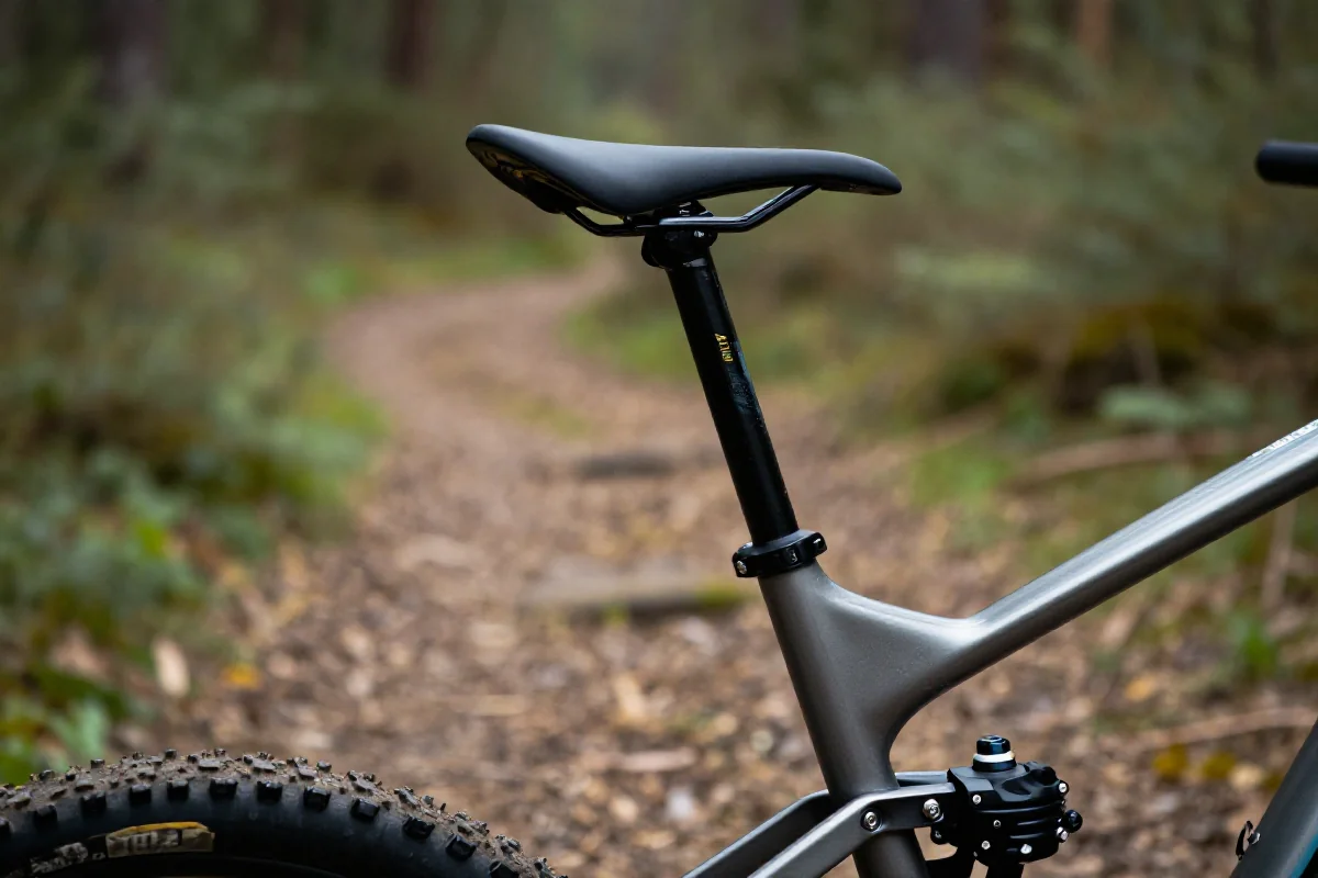 Zbliżenie na kąt siedziska ramy roweru górskiego MTB w lesie.