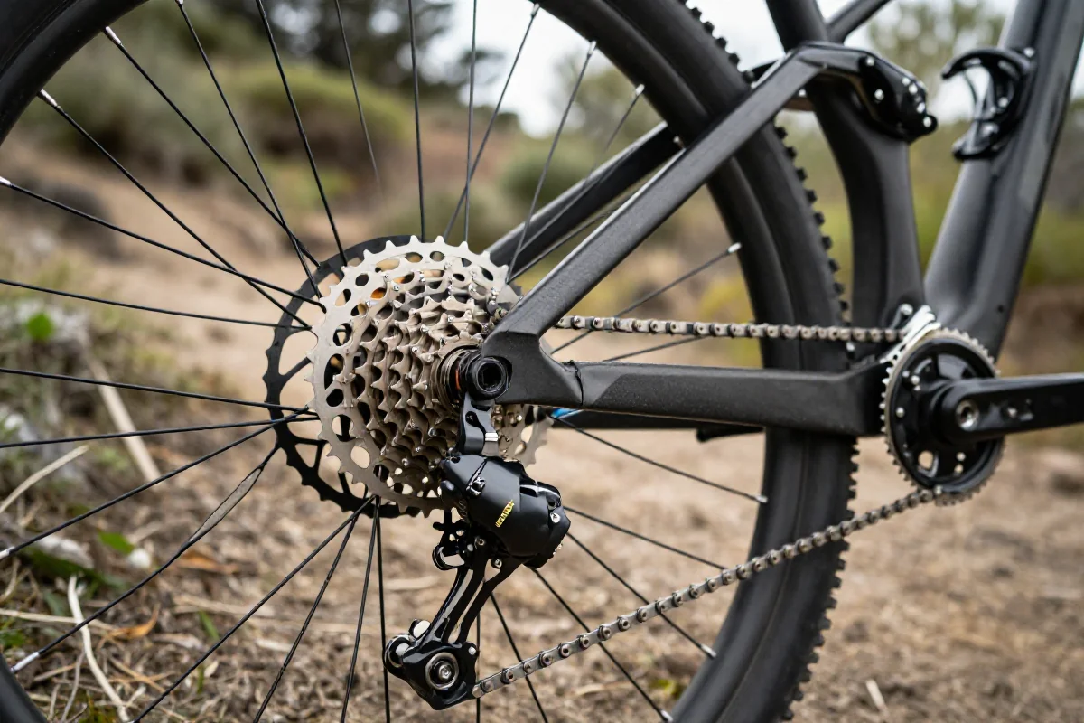 Szczegóły napędu 1x12 w rowerze górskim na stromym podjeździe.