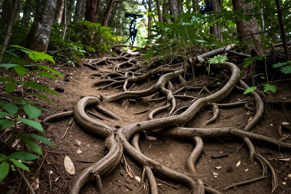 Złożona sekcja korzeniowa na trasie rowerowej MTB w lesie