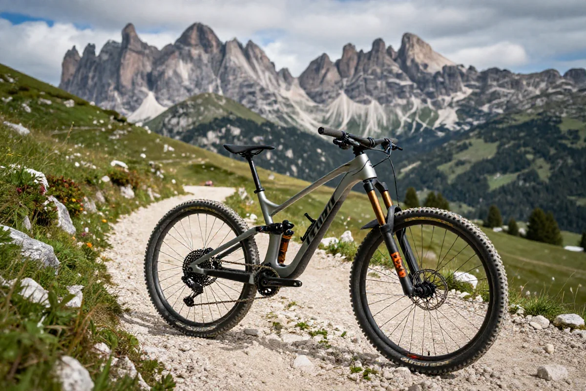 Rower górski na szlaku w Dolomitach, idealny do MTB.