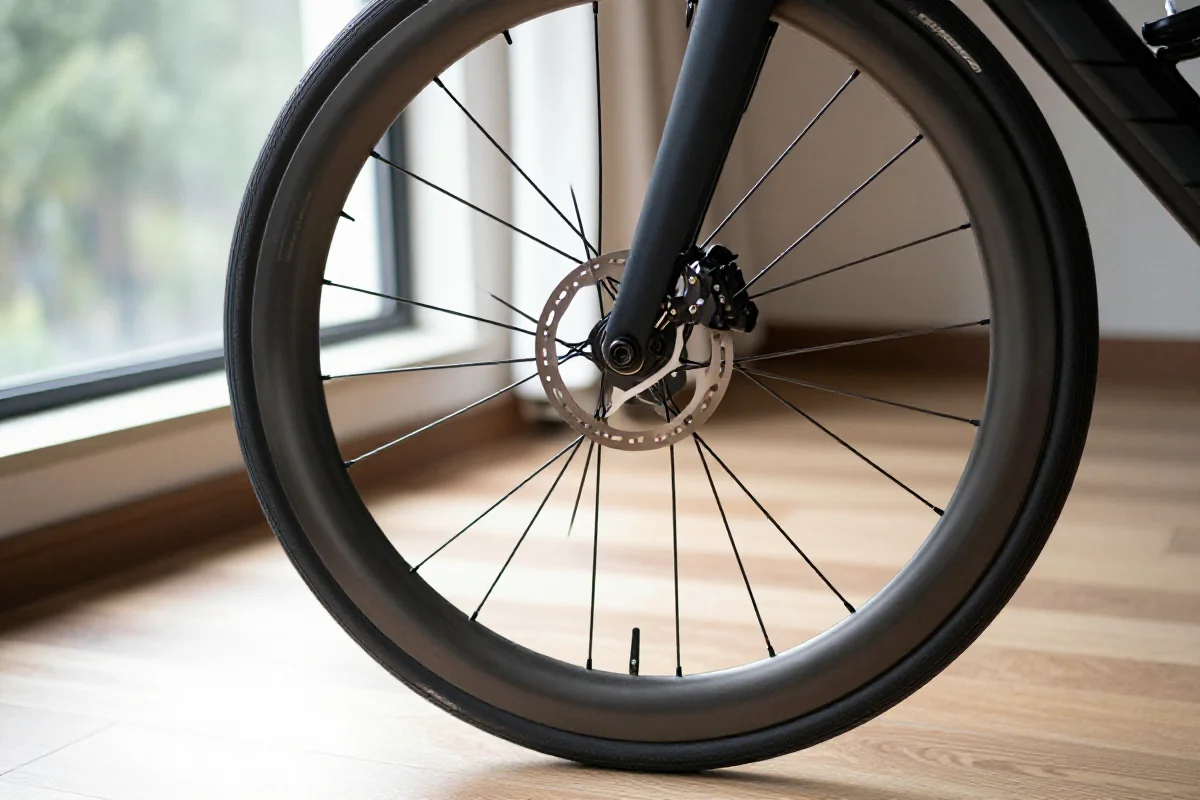 Zbliżenie na koło roweru szosowego, ukazujące detale komponentów.