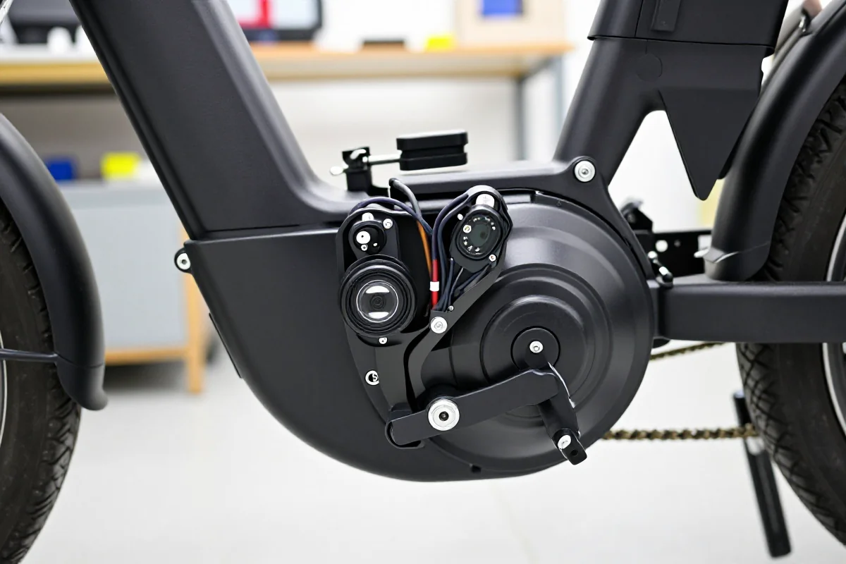 Czujniki Halla w silniku elektrycznym roweru, szczegółowe zdjęcie komponentów.