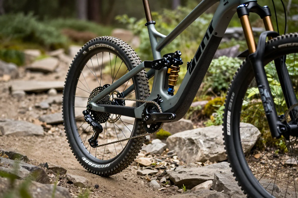 Zbliżenie nowoczesnego roweru górskiego z zaawansowanym zawieszeniem na szlaku