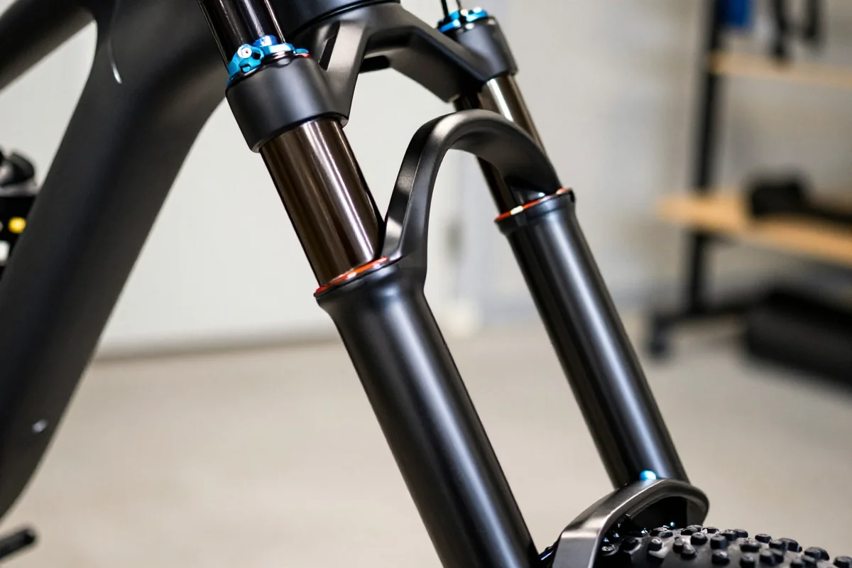 Zbliżenie dolnych nóg widelca amortyzowanego w serwisie rowerowym.