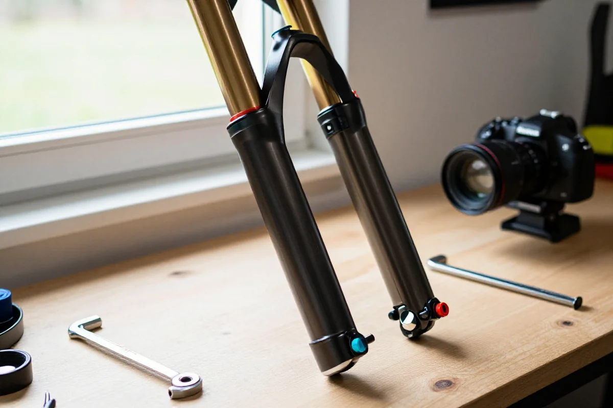 Serwis dolnych nóg widelca MTB w warsztacie, narzędzia i części rowerowe.