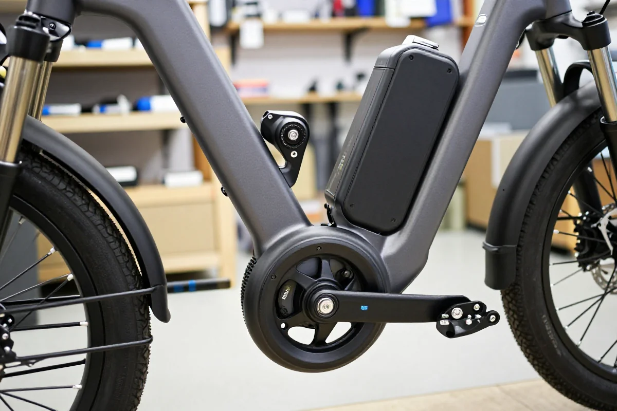 Szczegółowe zdjęcie komponentów roweru elektrycznego w serwisie.