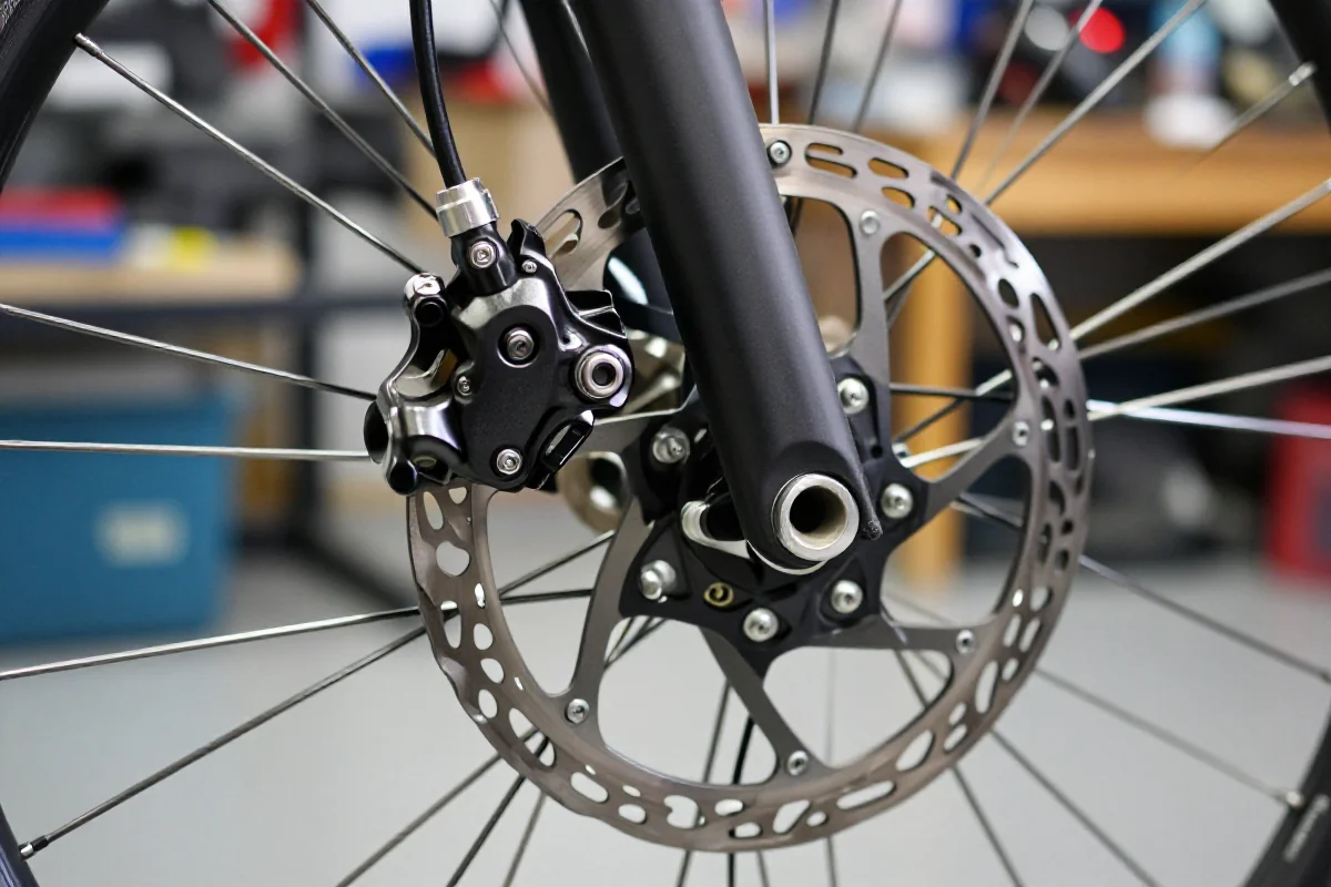 Szczegóły układu hamulcowego roweru z hamulcem tarczowym hydraulicznym.