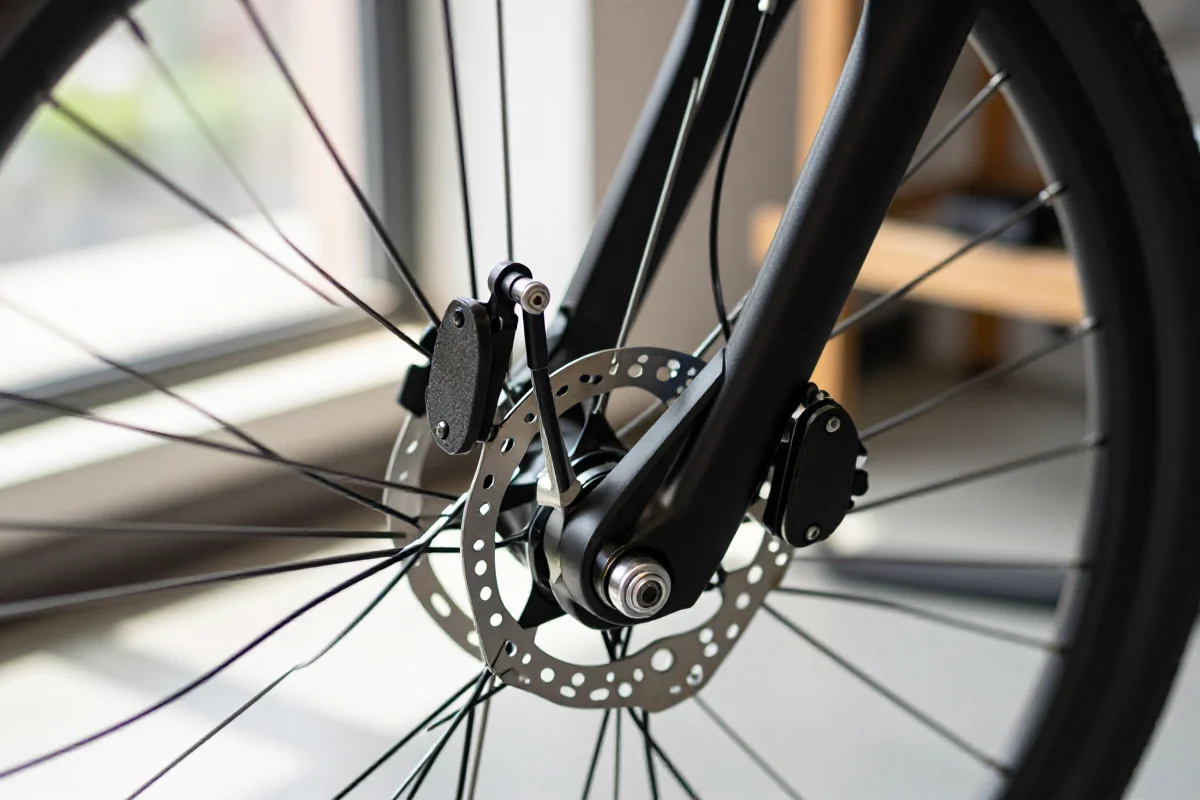 Zbliżenie na system hamulców V-brake roweru w warsztacie