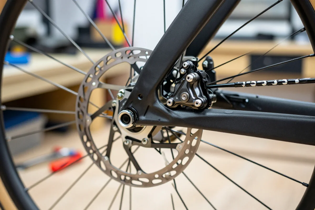 Mechaniczne hamulce tarczowe roweru w warsztacie, szczegóły komponentów hamulcowych.