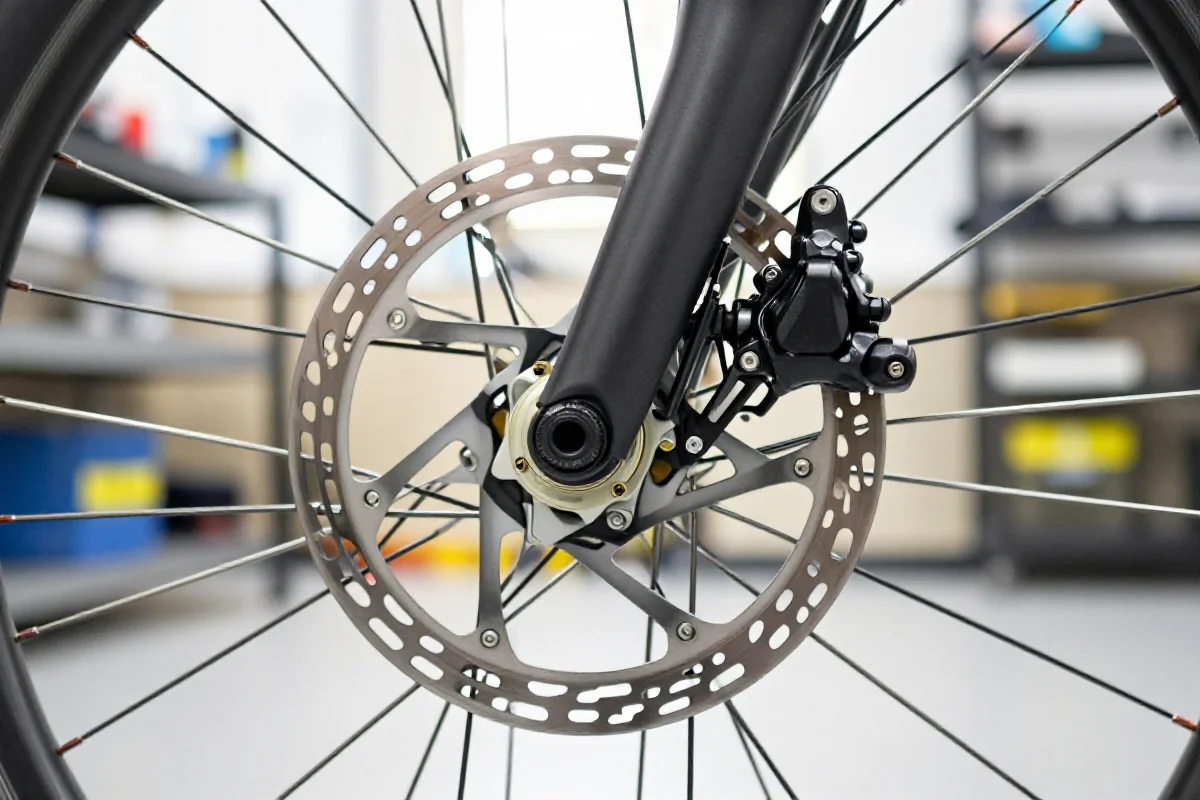 Zbliżenie na hamulce tarczowe roweru w warsztacie, pokazujące szczegóły komponentów.