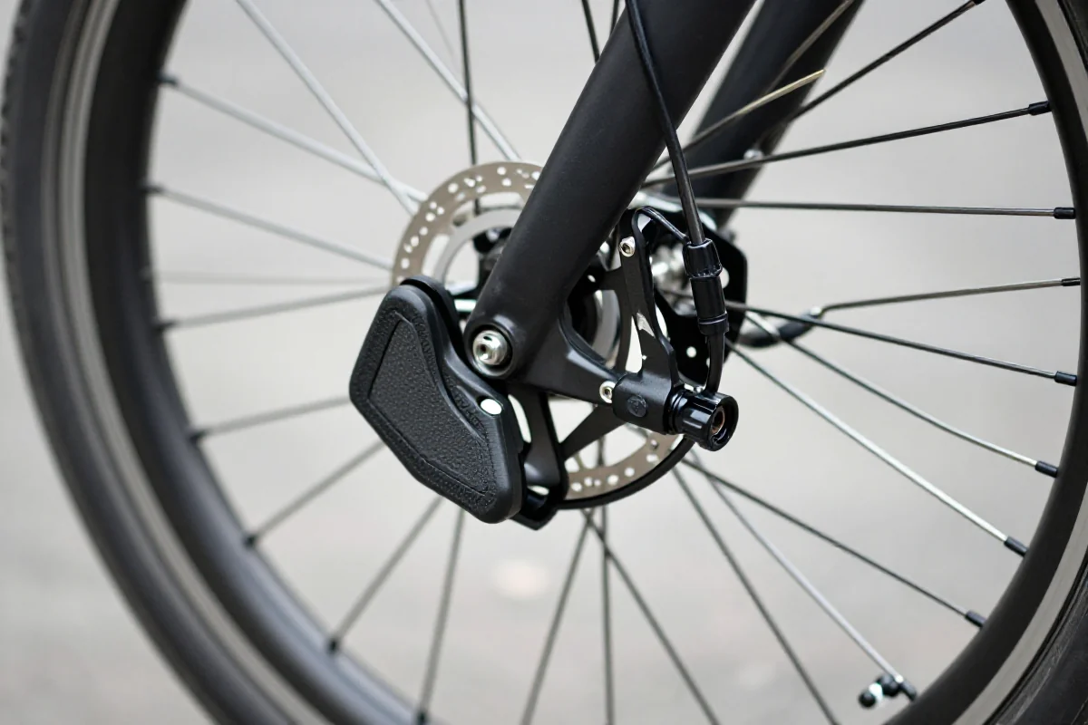 Widok hamulców V-brake na rowerze miejskim w detalach mechanicznych.