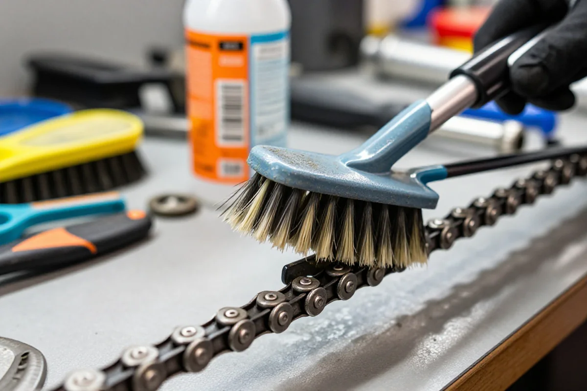 Czyszczenie łańcucha rowerowego w warsztacie, narzędzia do konserwacji.
