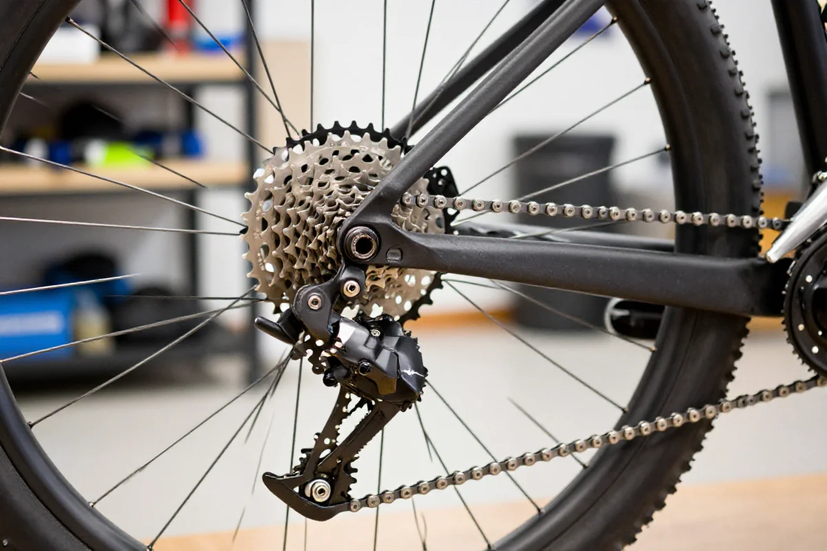 Blisko zdjęcie napędu MTB z wyraźnymi detalami łańcucha i zębatek.