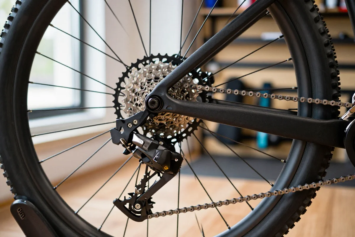 Elementy napędu roweru górskiego: łańcuch, kaseta, przerzutki w warsztacie.