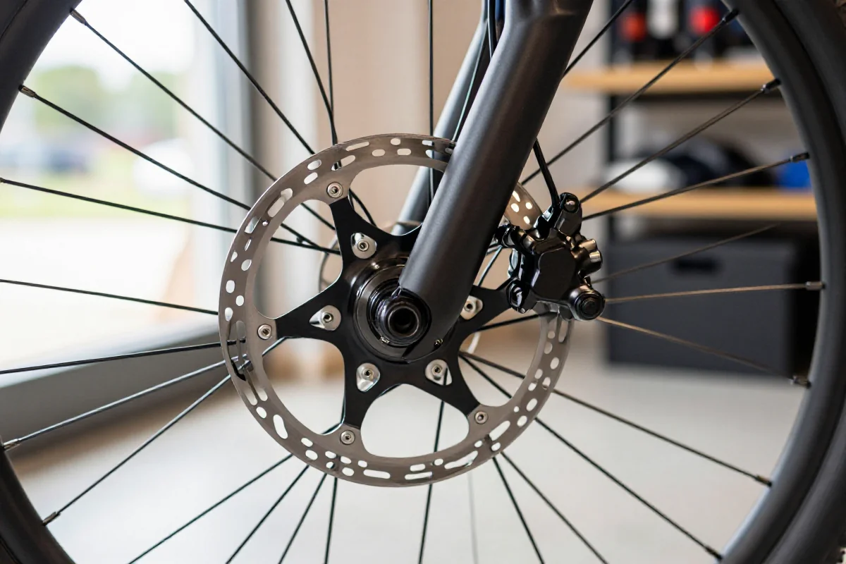 Szczegółowy widok układu hamulcowego tarczowego w rowerze górskim.